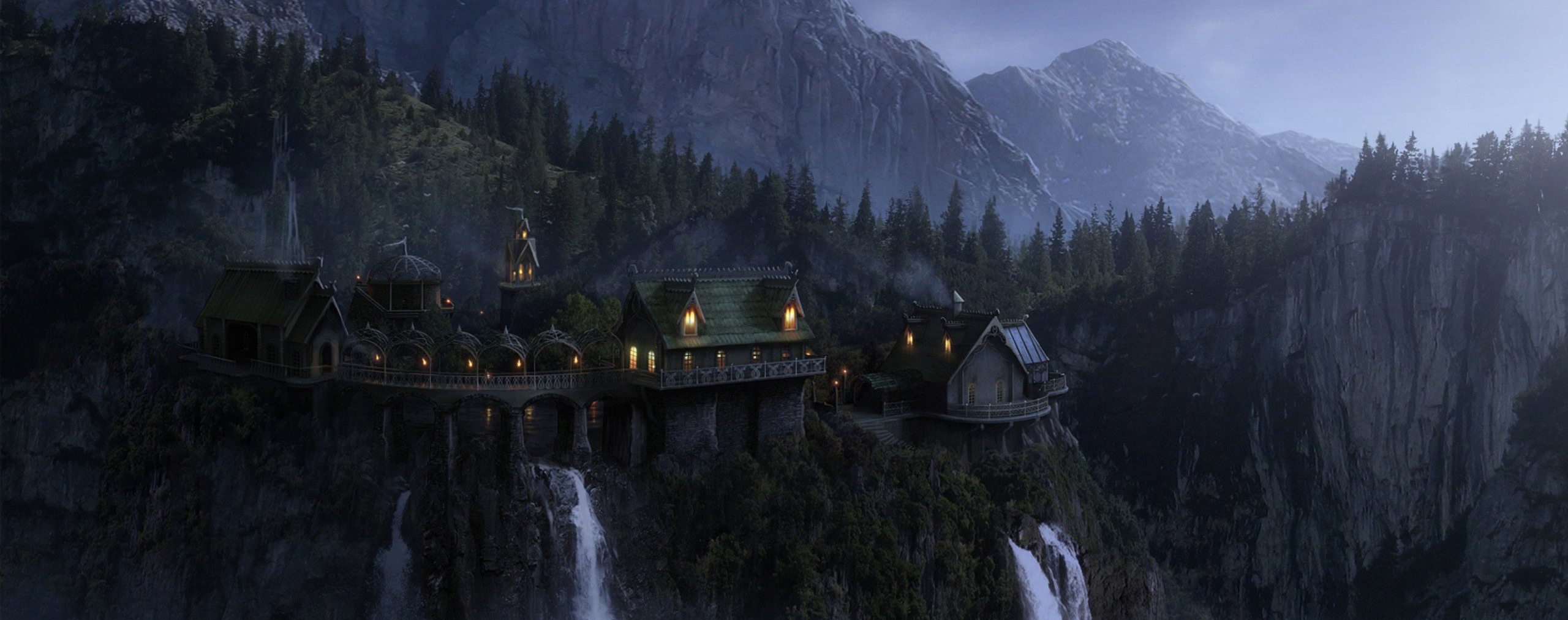 Waterfall village house night light mountain tree forest